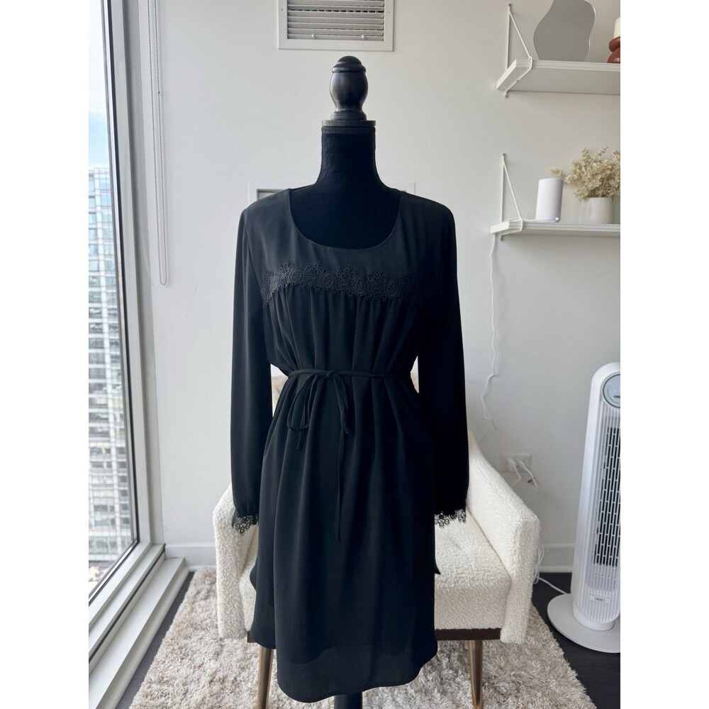 A New Day Black Long Sleeve Embroidered Tie Waist Dress Size Medium NEW